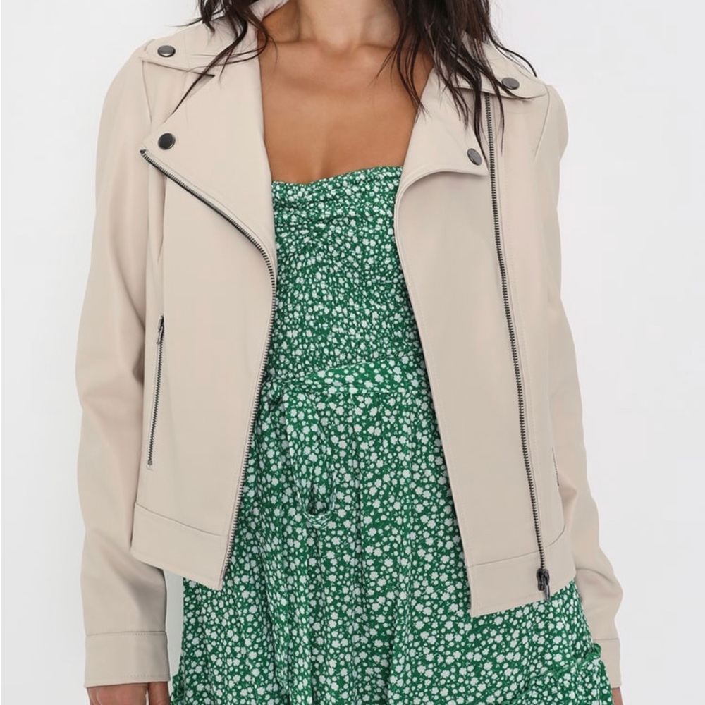 Pretty Powerful Beige Vegan leather Puff Sleeve Moto Jacket